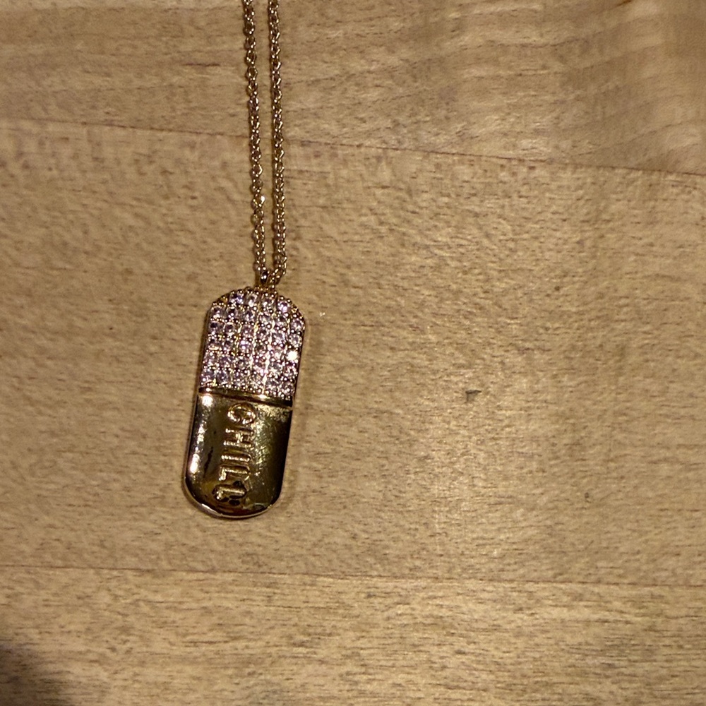 Siizu Gold Chill Pill Pendant Necklace with Pink Crystal Top